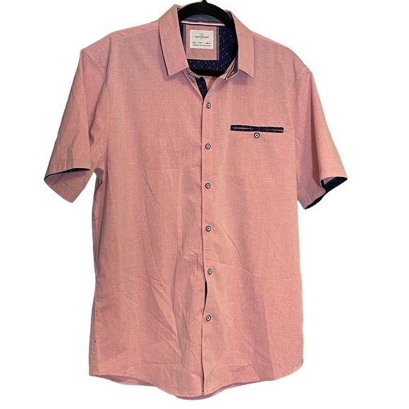 Craft + Flow Button Front Shirt Men's Large Pink Blue Accents Short Sleeve - Picture 1 of 9